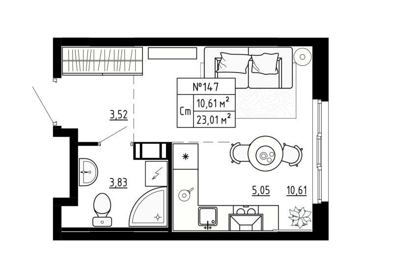 Квартира-студия, 23.01 м² - планировка, фото №1