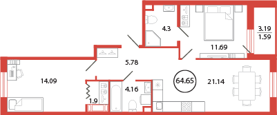 3-комнатная (Евро) квартира, 64.65 м² - планировка, фото №1