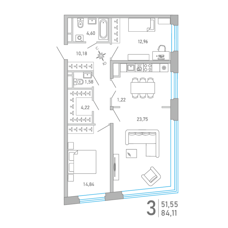 3-комнатная (Евро) квартира, 84.11 м² - планировка, фото №1