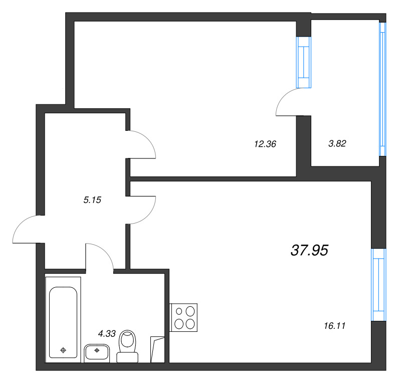 2-комнатная (Евро) квартира, 37.95 м² - планировка, фото №1