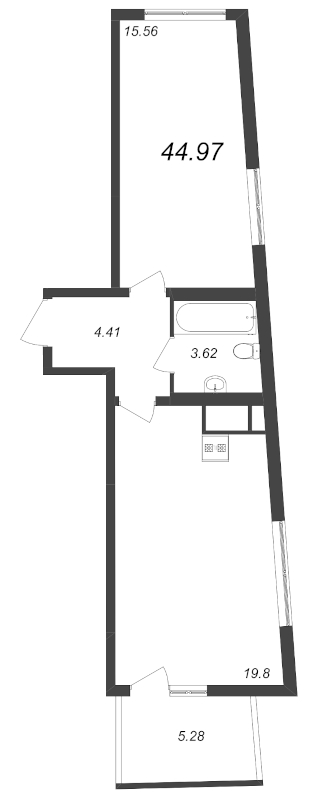 2-комнатная (Евро) квартира, 44.97 м² - планировка, фото №1