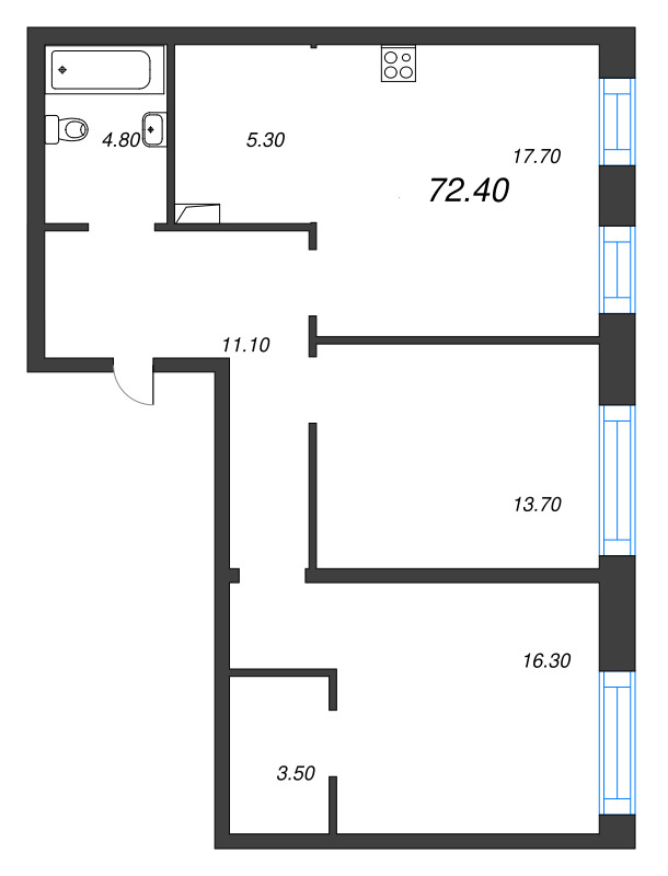 3-комнатная (Евро) квартира, 72.4 м² в ЖК "ЛДМ" - планировка, фото №1