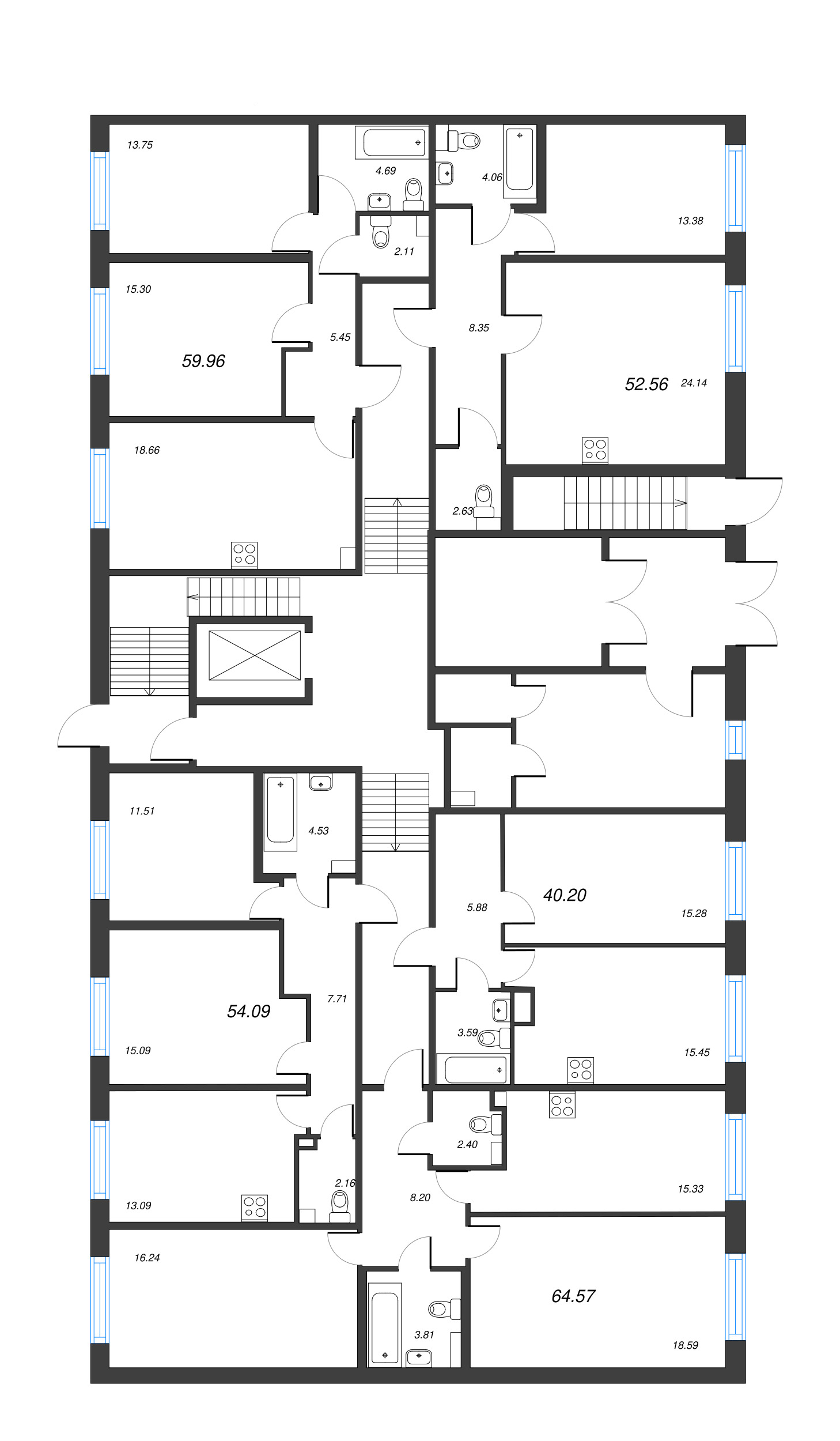 2-комнатная (Евро) квартира, 52.56 м² - планировка этажа