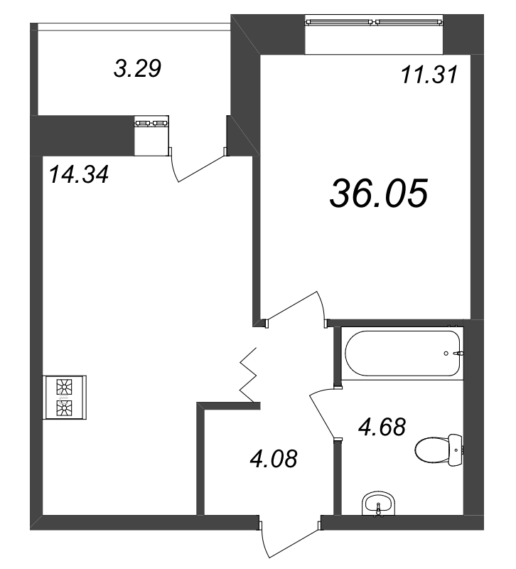 1-комнатная квартира, 36.05 м² - планировка, фото №1