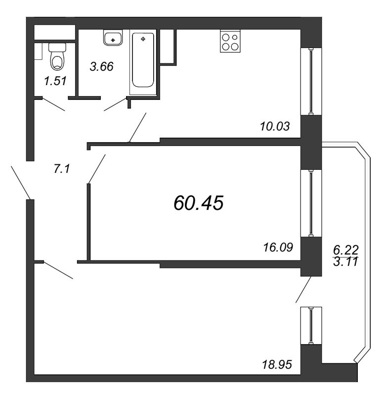 2-комнатная квартира, 62.3 м² в ЖК "Живи! В Рыбацком" - планировка, фото №1
