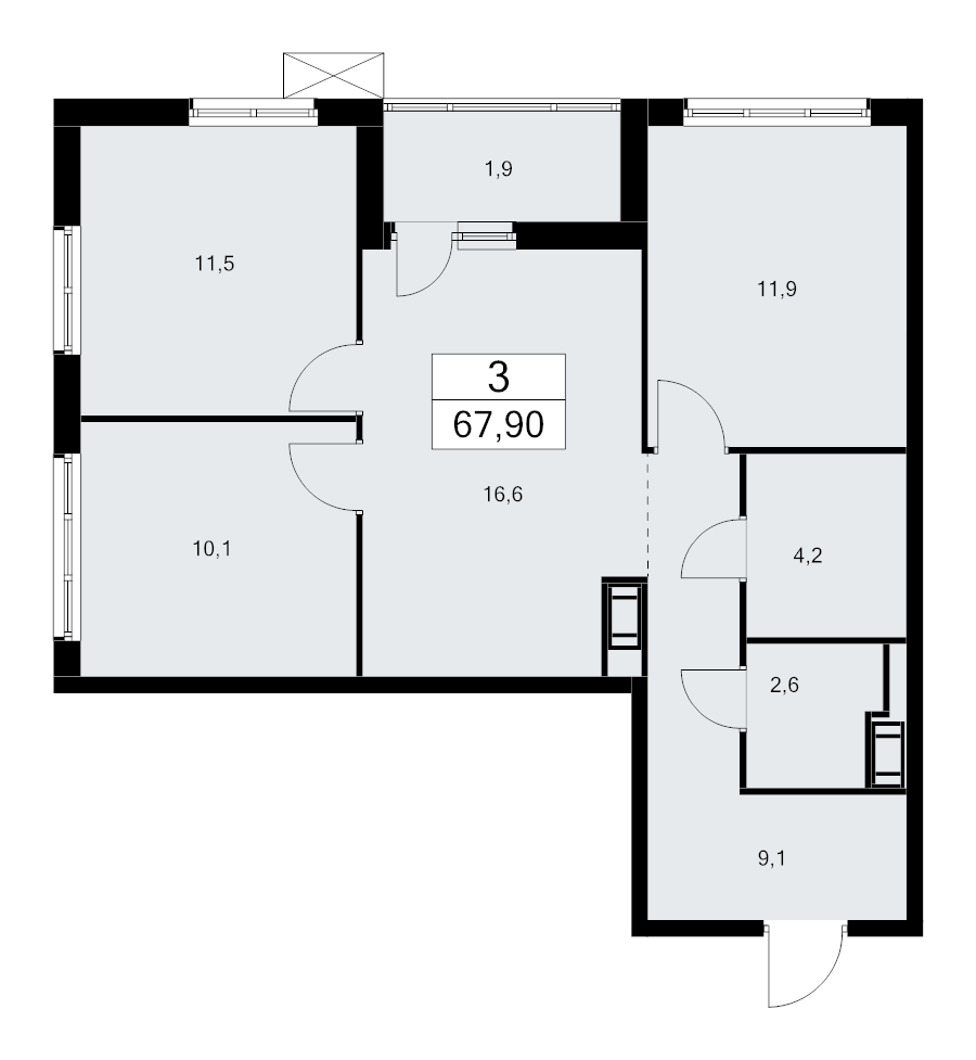4-комнатная (Евро) квартира, 67.9 м² в ЖК "А101 Лаголово" - планировка, фото №1