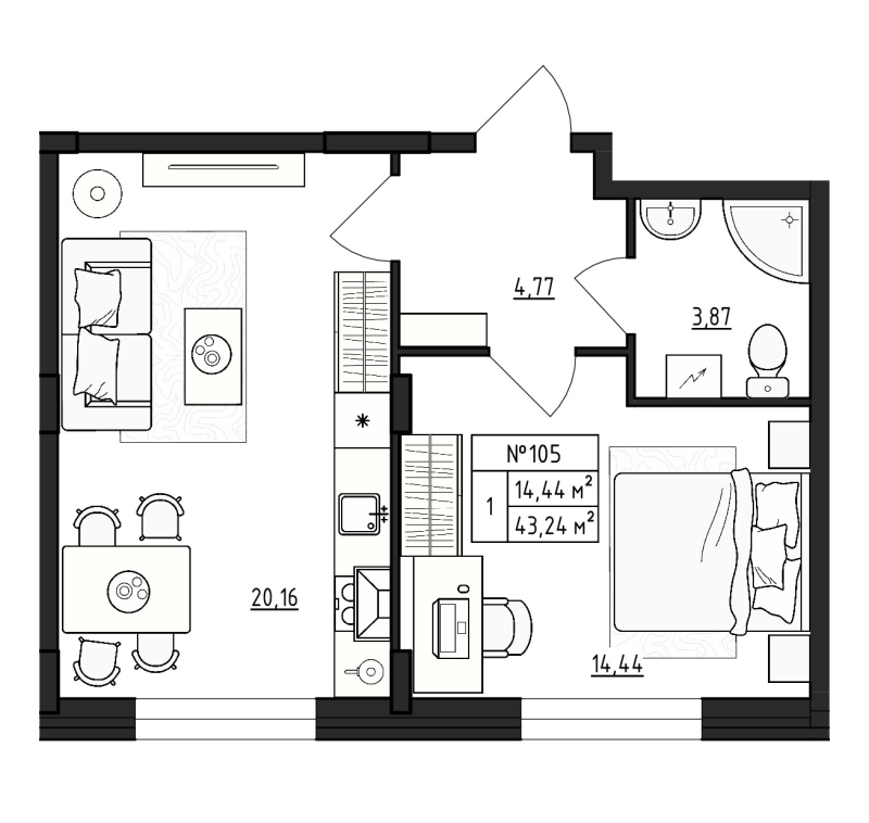 2-комнатная (Евро) квартира, 43.24 м² - планировка, фото №1