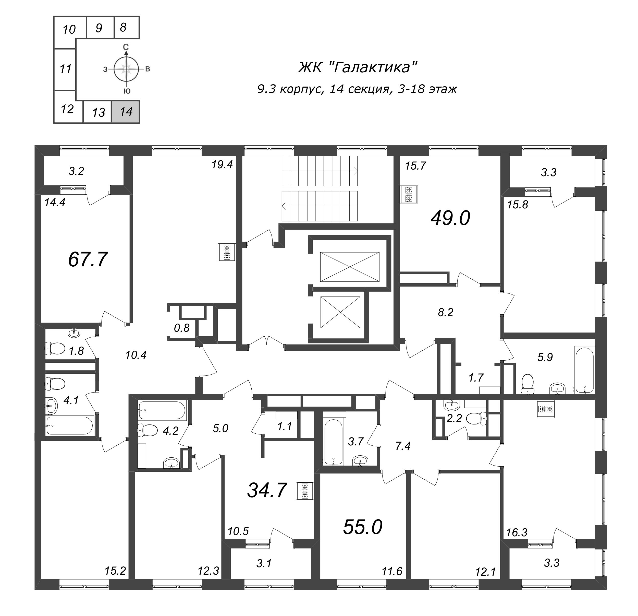 1-комнатная квартира, 34.7 м² в ЖК "Галактика" - планировка этажа