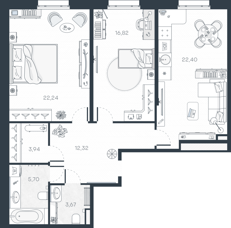3-комнатная (Евро) квартира, 87.09 м² в ЖК "MONODOM-ART" - планировка, фото №1