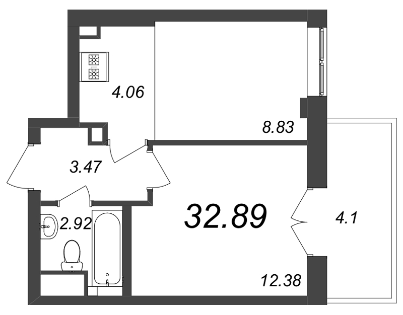 1-комнатная квартира, 32.89 м² - планировка, фото №1