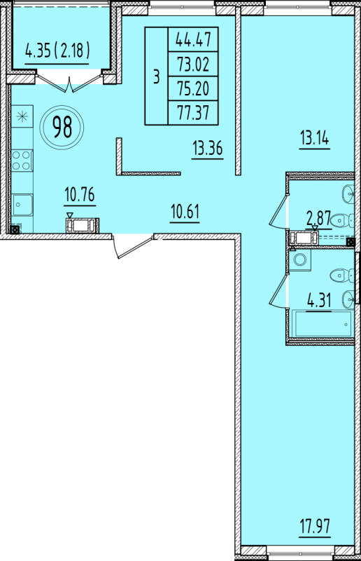 3-комнатная квартира, 73.02 м² в ЖК "Образцовый квартал 6.4" - планировка, фото №1