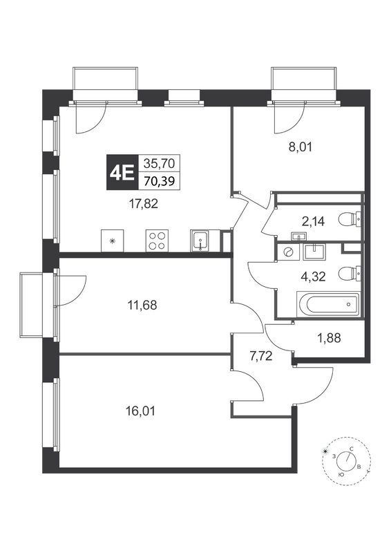 4-комнатная (Евро) квартира, 70.39 м² в ЖК "Слобода" - планировка, фото №1
