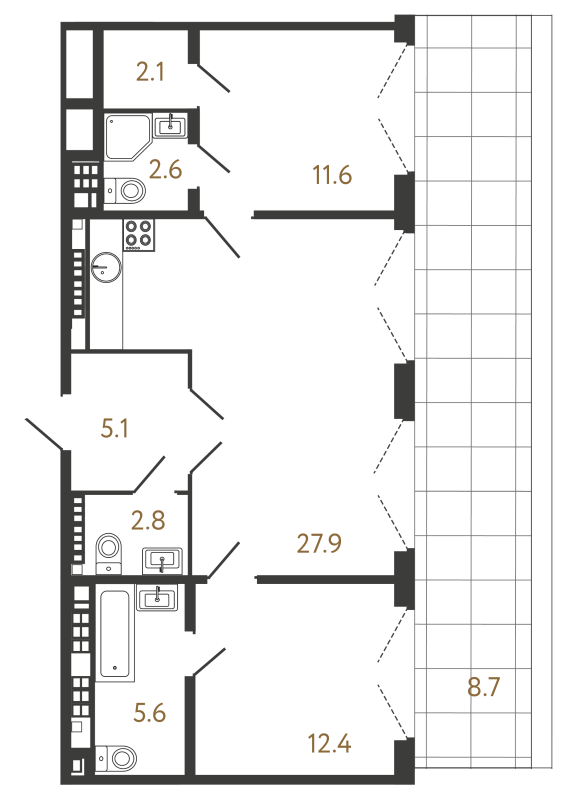 3-комнатная (Евро) квартира, 70.1 м² в ЖК "МИРЪ" - планировка, фото №1