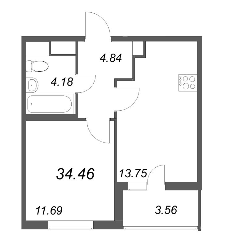 1-комнатная квартира, 34.46 м² в ЖК "Ясно.Янино" - планировка, фото №1