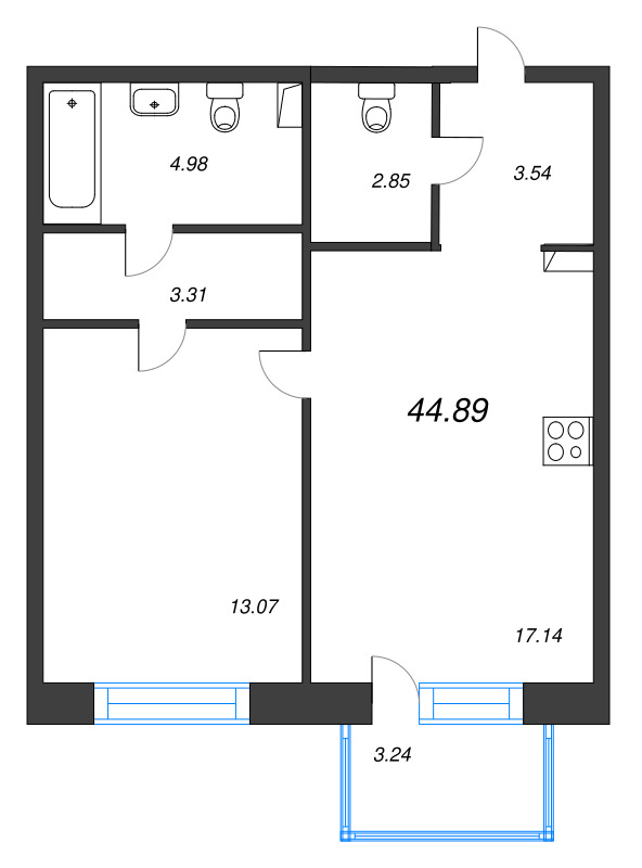 2-комнатная (Евро) квартира, 44.89 м² в ЖК "Остров Первых" - планировка, фото №1