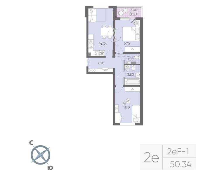 2-комнатная квартира, 50.34 м² в ЖК "Ручьи" - планировка, фото №1