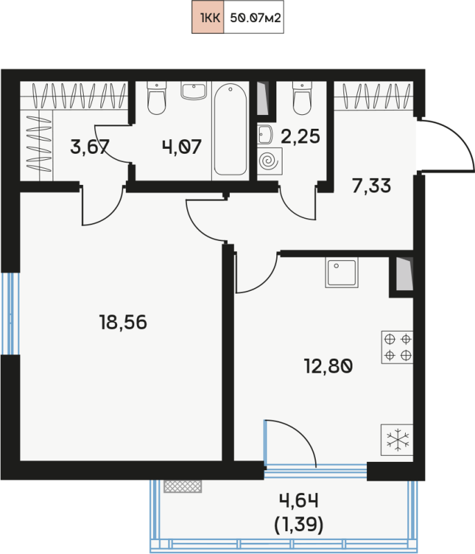 1-комнатная квартира, 50.64 м² - планировка, фото №1