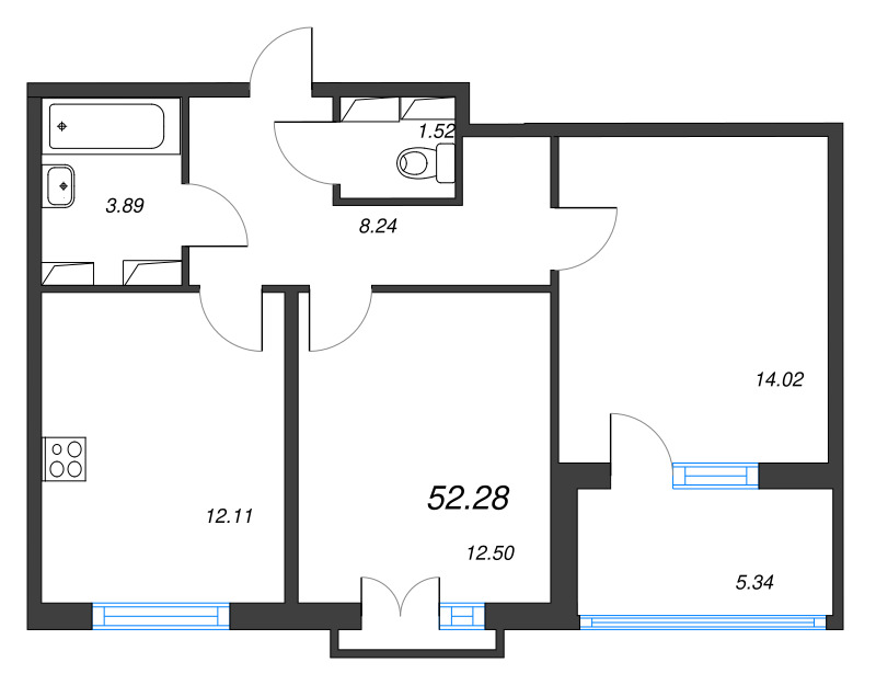 2-комнатная квартира, 52.28 м² в ЖК "Любоград" - планировка, фото №1