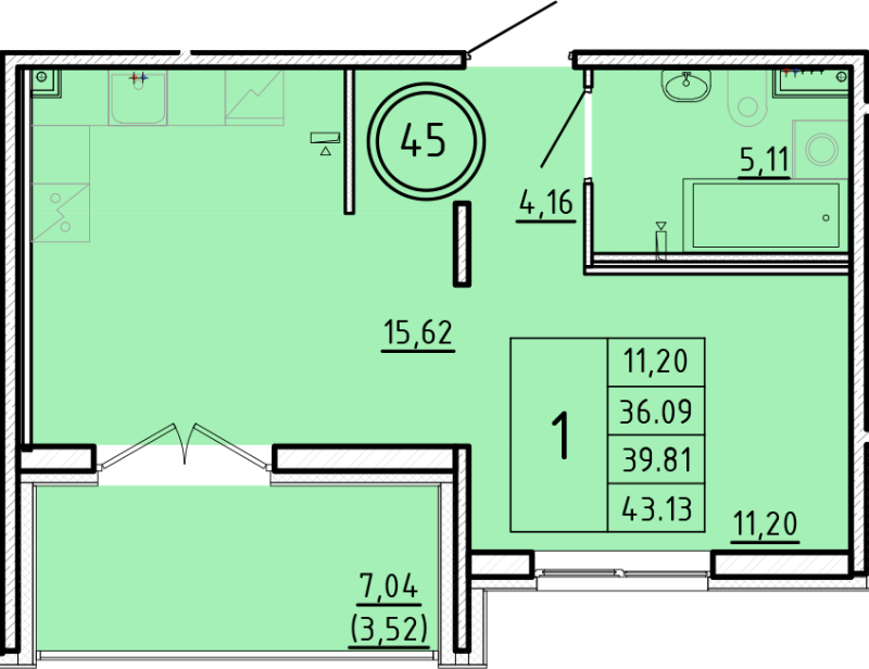 2-комнатная (Евро) квартира, 36.09 м² в ЖК "Образцовый квартал 16" - планировка, фото №1