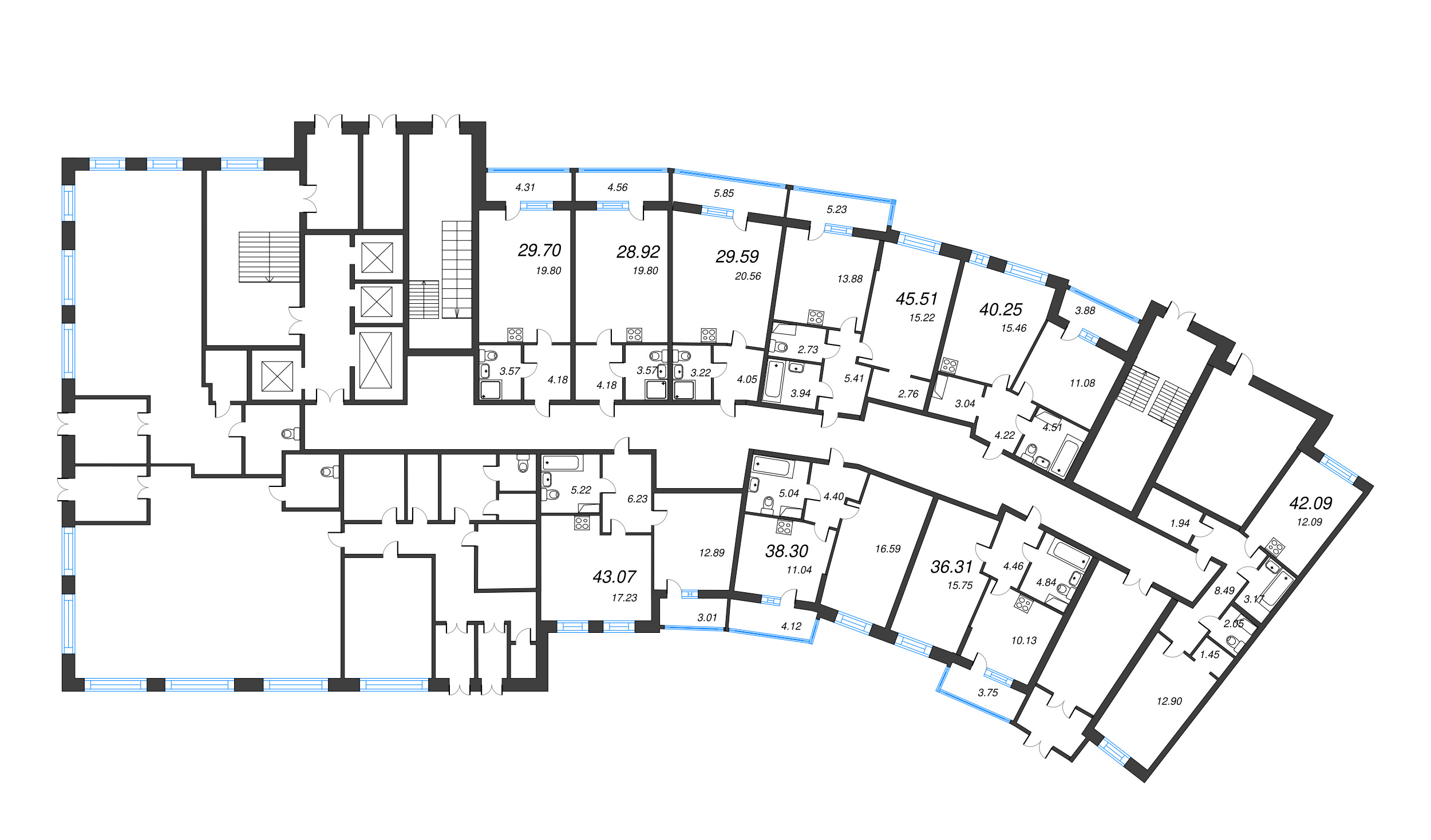 2-комнатная (Евро) квартира, 40.25 м² в ЖК "Дом Левитан" - планировка этажа