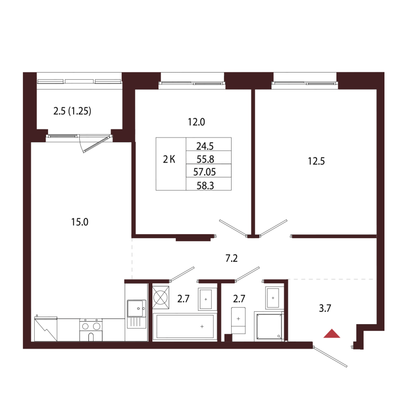 3-комнатная (Евро) квартира, 57.05 м² в ЖК "Лисино" - планировка, фото №1