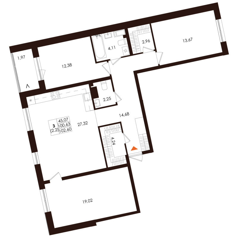4-комнатная (Евро) квартира, 102.6 м² в ЖК "Лисино" - планировка, фото №1