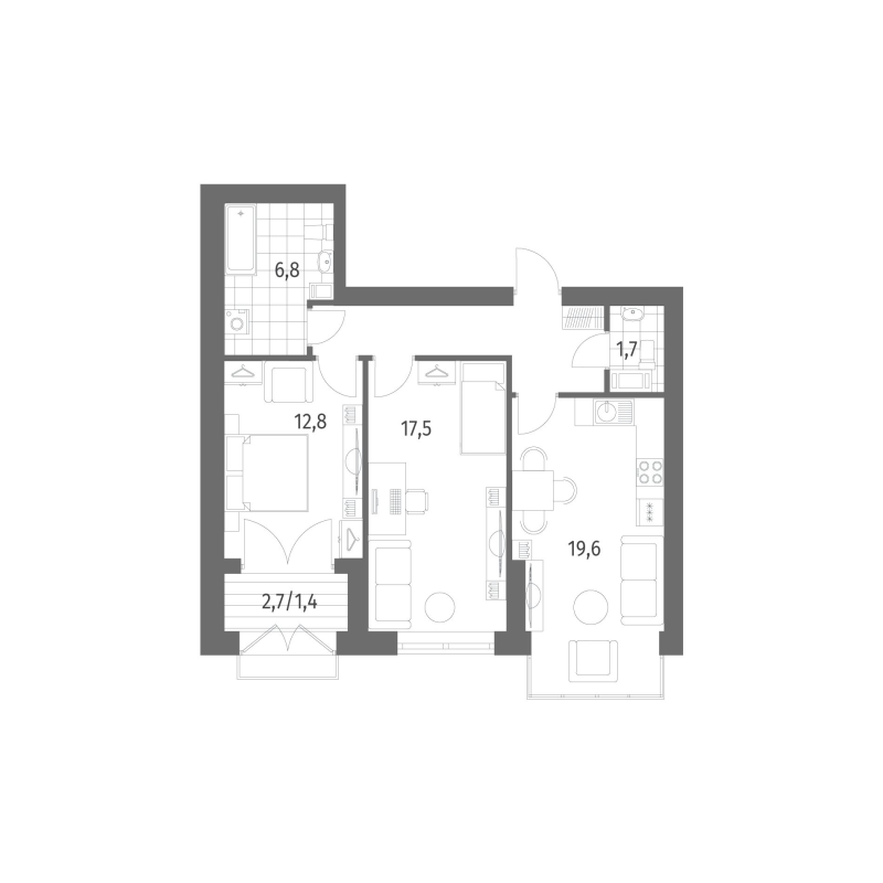 3-комнатная (Евро) квартира, 68.41 м² в ЖК "Наука" - планировка, фото №1