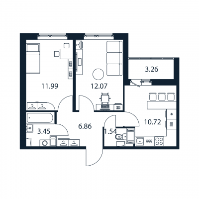 2-комнатная квартира, 46.63 м² - планировка, фото №1