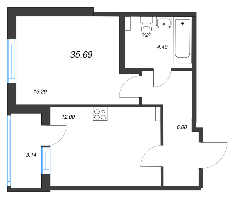 1-комнатная квартира, 35.69 м² в ЖК "Любоград" - планировка, фото №1