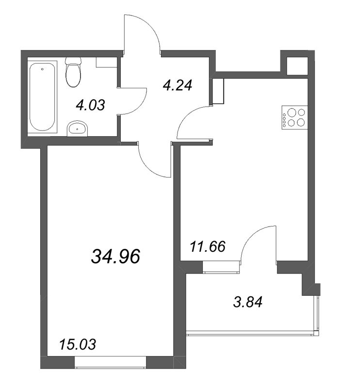 1-комнатная квартира, 34.96 м² в ЖК "Любоград" - планировка, фото №1