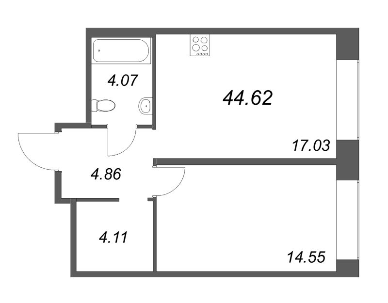 2-комнатная (Евро) квартира, 44.62 м² - планировка, фото №1