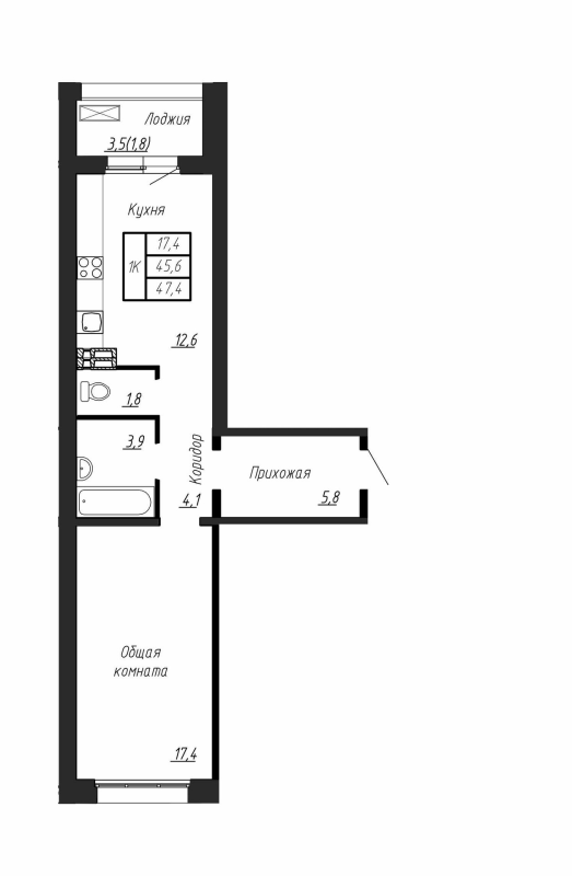 1-комнатная квартира, 47.4 м² в ЖК "Сибирь" - планировка, фото №1