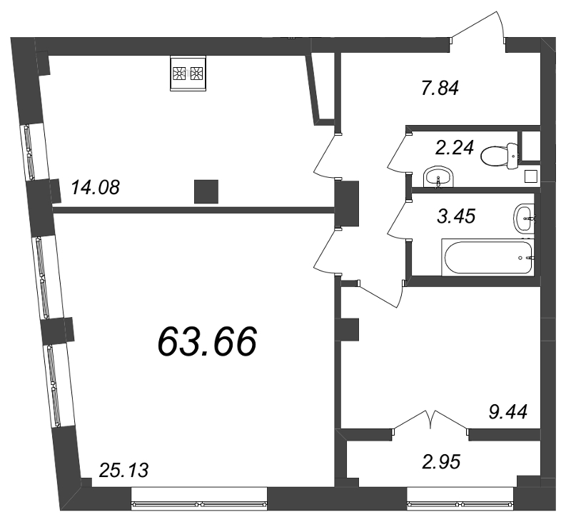 2-комнатная квартира, 63.66 м² - планировка, фото №1