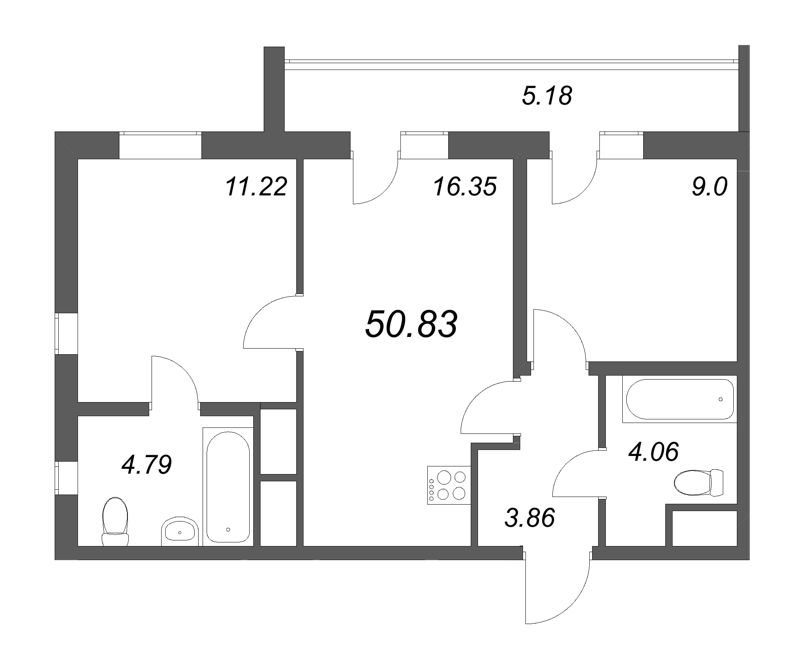 3-комнатная (Евро) квартира, 50.83 м² в ЖК "Южный форт" - планировка, фото №1