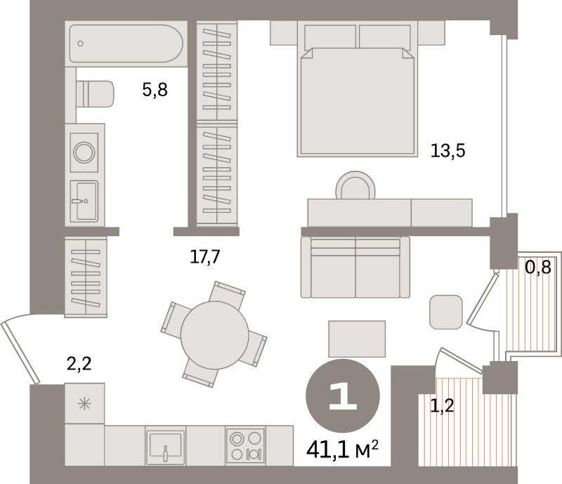 2-комнатная (Евро) квартира, 41.1 м² в ЖК "Северный ветер" - планировка, фото №1