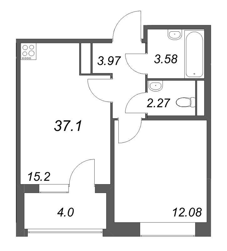 2-комнатная (Евро) квартира, 37.1 м² в ЖК "Дом на Курской" - планировка, фото №1