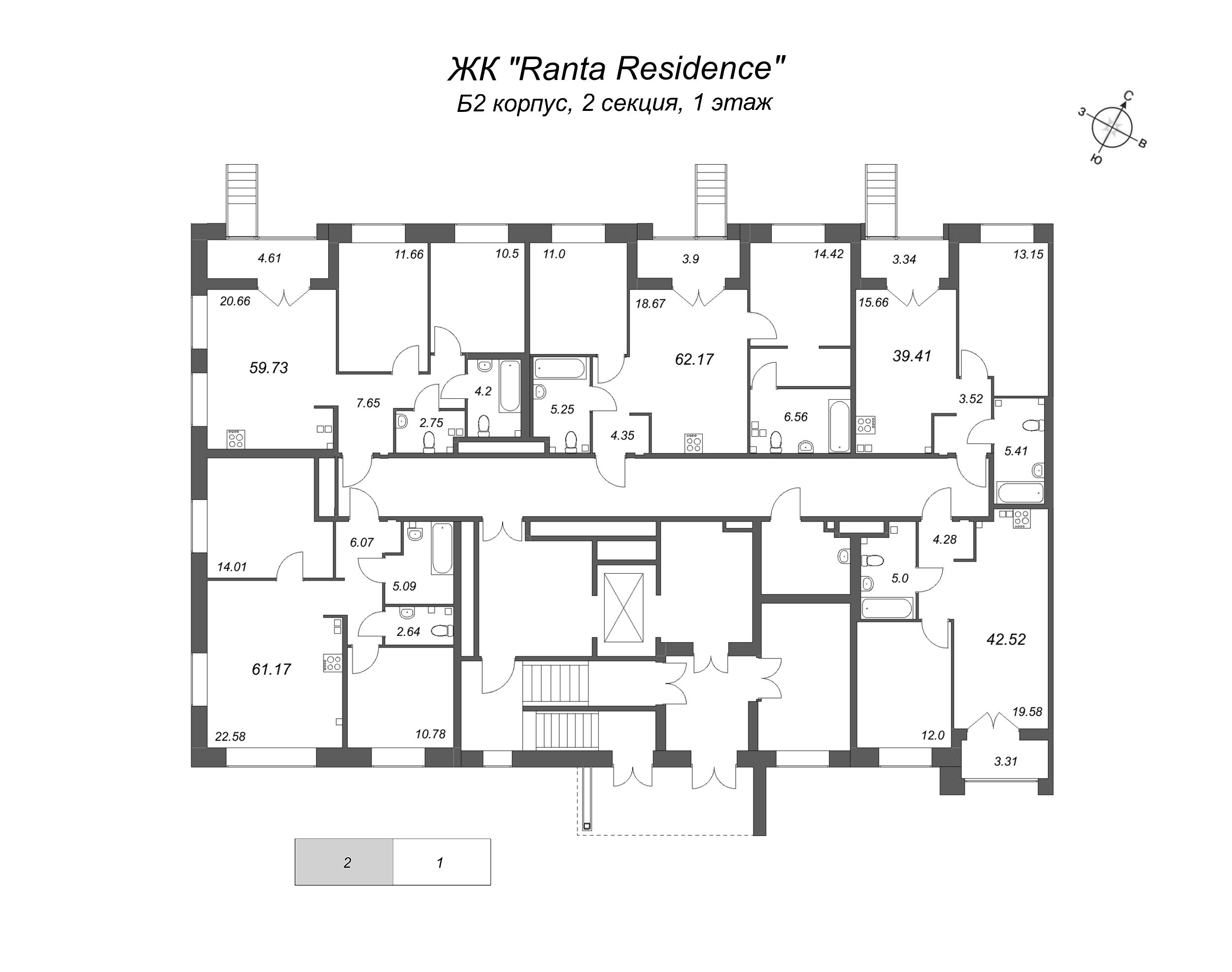 3-комнатная (Евро) квартира, 59.73 м² в ЖК "Ranta Residence" - планировка этажа