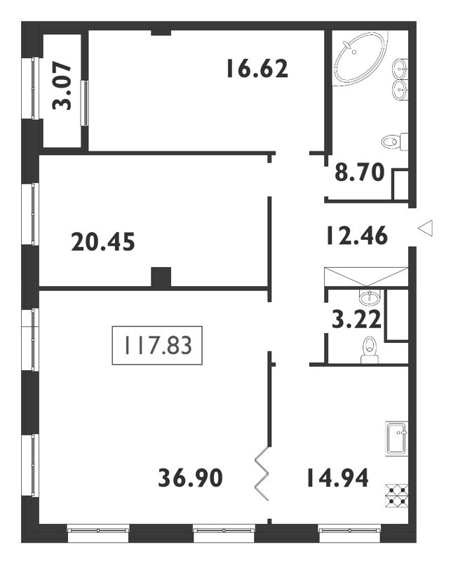 3-комнатная квартира, 117.9 м² - планировка, фото №1