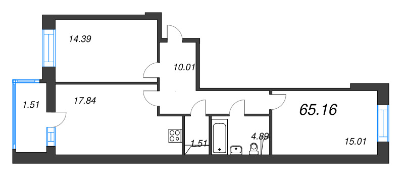 3-комнатная (Евро) квартира, 65.16 м² - планировка, фото №1
