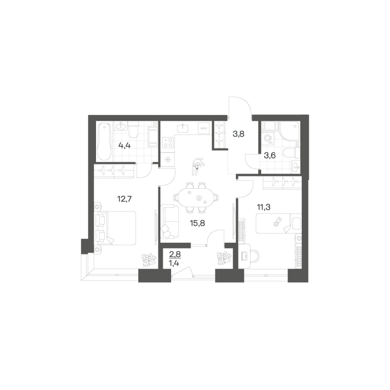 3-комнатная (Евро) квартира, 53 м² в ЖК "Новый Питер" - планировка, фото №1