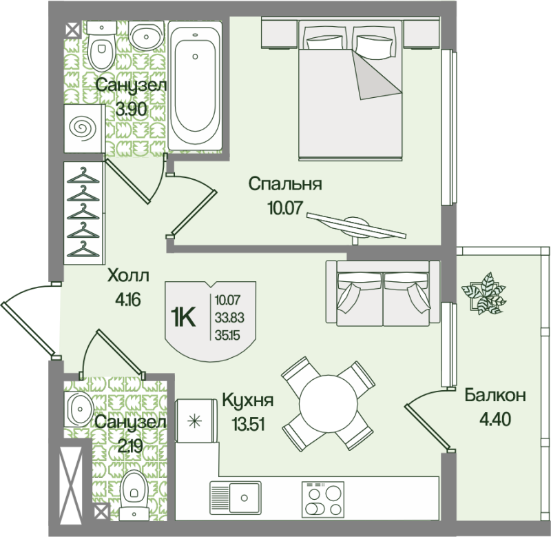 1-комнатная квартира, 35.15 м² в ЖК "Охтинские высоты" - планировка, фото №1