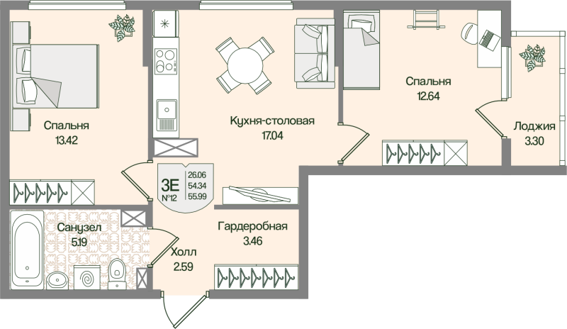3-комнатная (Евро) квартира, 55.99 м² в ЖК "Охтинские высоты" - планировка, фото №1
