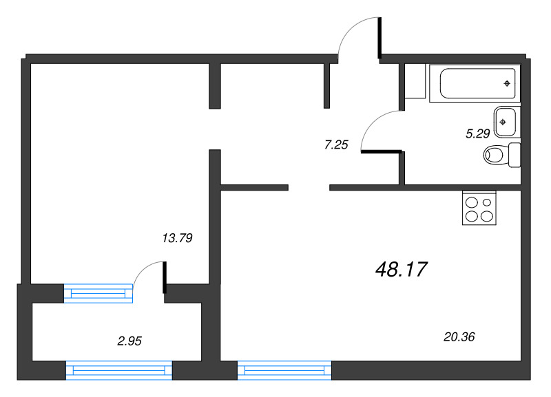 2-комнатная (Евро) квартира, 48.17 м² - планировка, фото №1