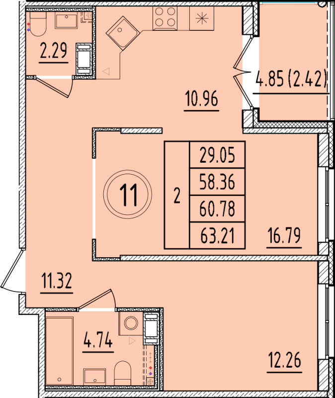 2-комнатная квартира, 58.36 м² - планировка, фото №1