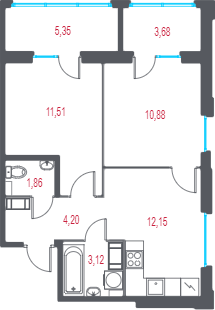 2-комнатная квартира, 46.43 м² в ЖК "Город-спутник Южный" - планировка, фото №1
