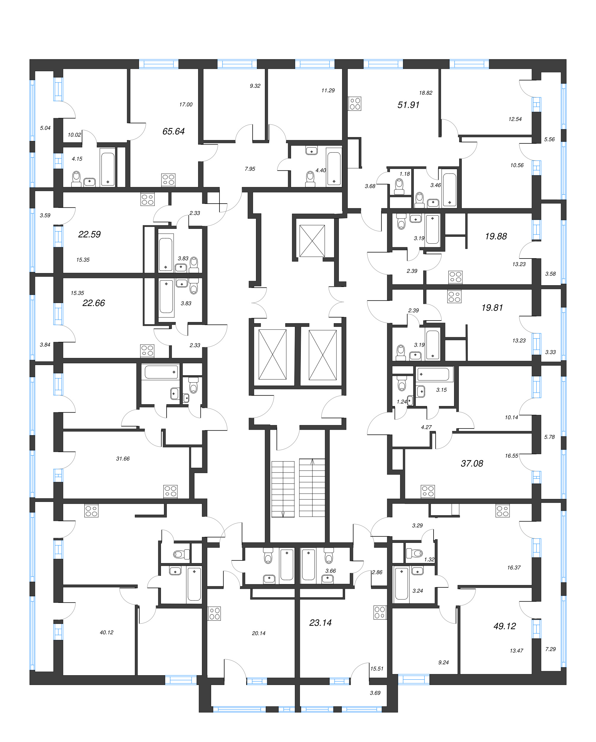 4-комнатная (Евро) квартира, 65.64 м² - планировка этажа