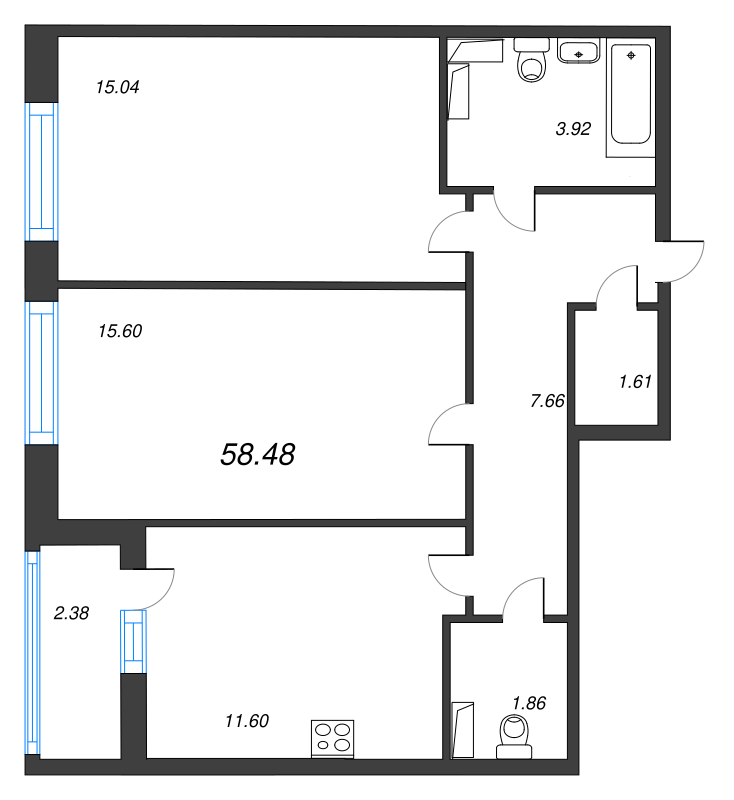 2-комнатная квартира, 58.48 м² - планировка, фото №1
