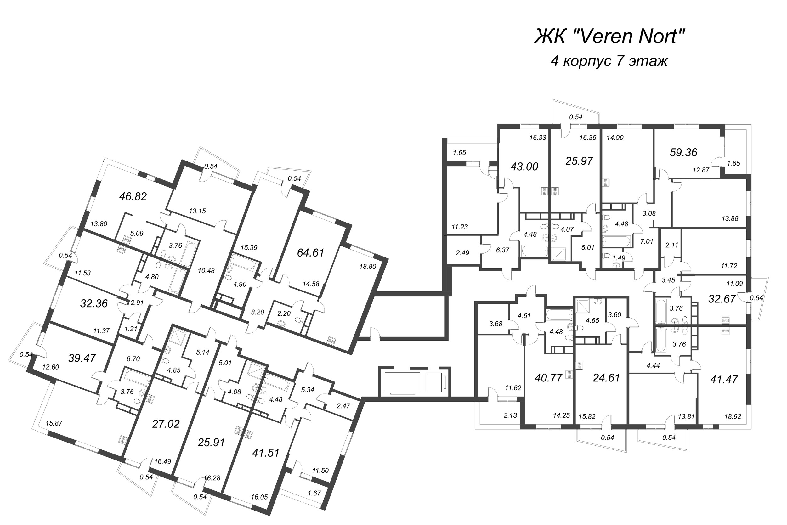3-комнатная (Евро) квартира, 59.36 м² - планировка этажа