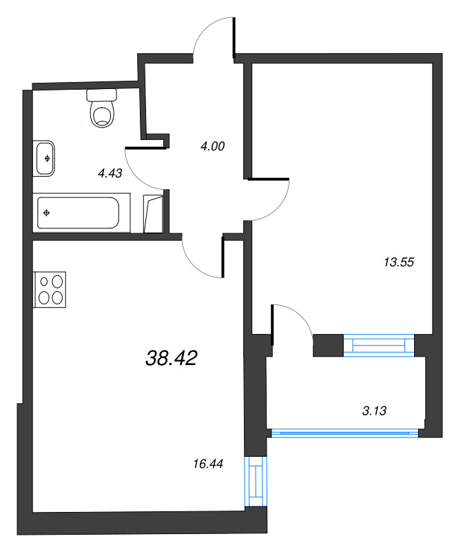 2-комнатная (Евро) квартира, 38.42 м² в ЖК "Полис ЛАВрики" - планировка, фото №1