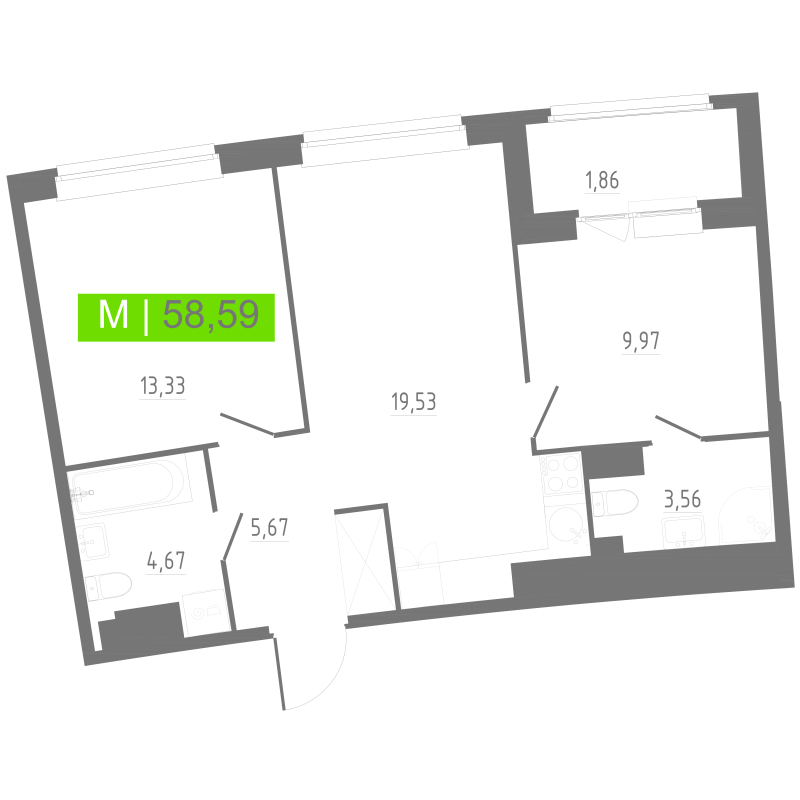 3-комнатная (Евро) квартира, 58.59 м² в ЖК "Аквилон РИВА" - планировка, фото №1